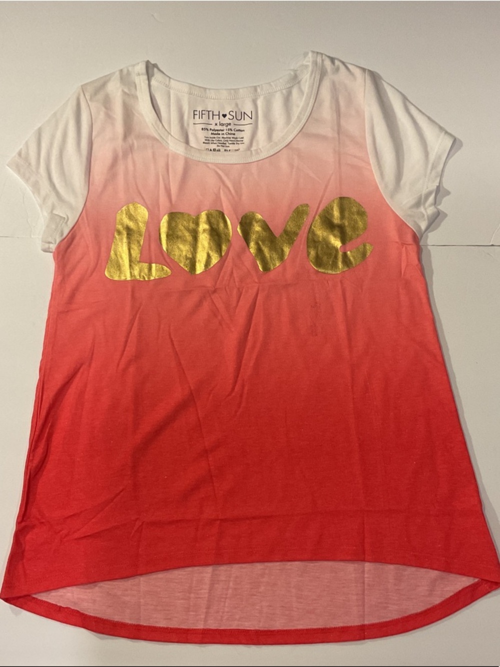 NWOT Fifth Sun Girl Teen White to Coral Ombre Tee with Gold LOVE Graphic